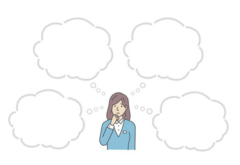 Vector Illustration of young business woman in trouble or confused with speech bubbles.