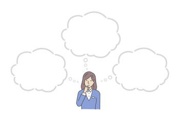 Vector illustration of a thinking businesswoman with speech bubbles.