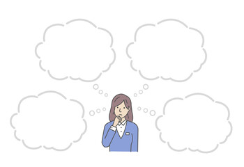 Vector illustration of a thinking businesswoman with speech bubbles.