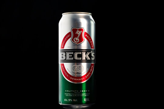 Beck`s beer can isolated on black background. Bucharest, Romania, 2020