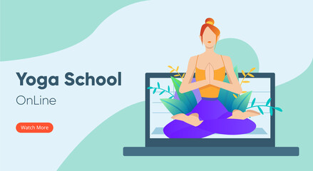 Online yoga and meditation classes. Woman sitting at home and meditate in lotus pose. Vector flat  illustration for banner, web page, social media