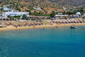 Panoramic view of the amazing sandy beach of mylopotas in Ios Greece