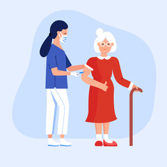 Vaccination for senior woman. Nurse with a syringe vaccinates an elderly person. An injection of an antiviral vaccine. Colored vector illustration in flat style for poster, flyer, banner, etc. Eps 10