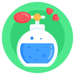 
A fragrance bottle with hearts, flat icon

