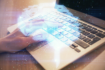 Multi exposure of woman hands working on computer and brain hologram drawing. Ai concept.