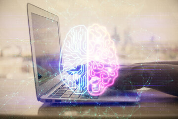 Multi exposure of woman hands working on computer and brain hologram drawing. Ai concept.