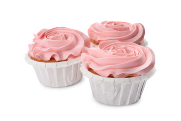 Baby shower cupcakes with pink cream on white background