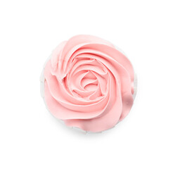 Baby shower cupcake with pink cream isolated on white, top view