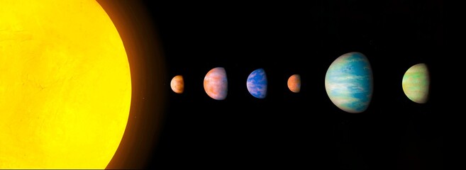 Planets from another star system. Extrasolar system with a star and exoplanets. Alien planetary system. Space panorama 3d illustration.