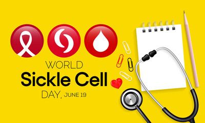 World Sickle cell day is observed every year on June 19, it is an inherited red blood cell disorder in which there are not enough healthy cells to carry oxygen throughout the body. Vector illustration