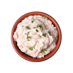 Delicious lard spread in bowl isolated on white, top view