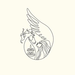 One line drawing horse and woman heads logo vector image
