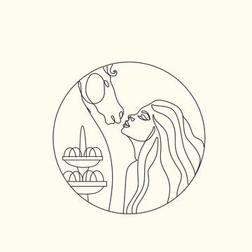 One line drawing horse and woman heads logo vector image