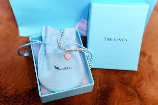 Tyumen, Russia-March 15, 2021: Tiffany jewellery gift box. Gift card bracelet jewelry