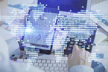 Obraz premium Double exposure of man's hands holding and using a phone and international business theme drawing.