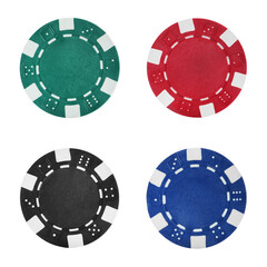Set with different casino chips on white background, top view