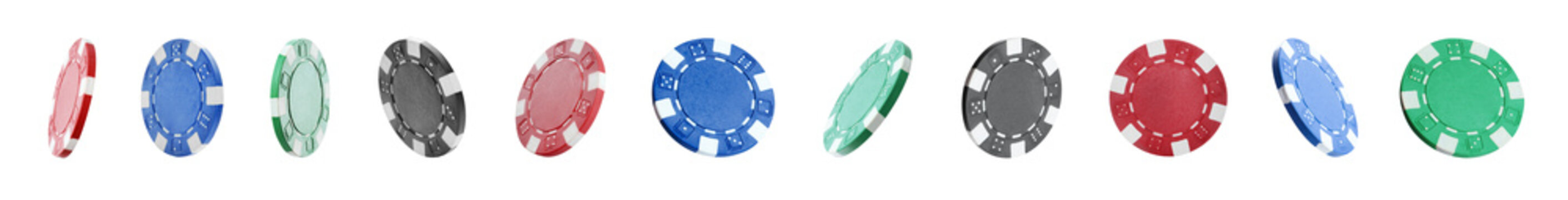 Set with different casino chips on white background. Banner design
