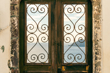 Architecture of doors of Oia village on Santorini island, Greece
