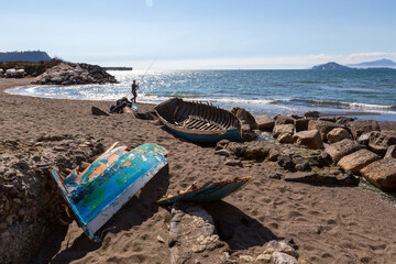 NAPOLI, ITALY - FEBRUARY 20, 2021 - The seafront and the beach of Bagnoli, on the western outskirts of Naples
