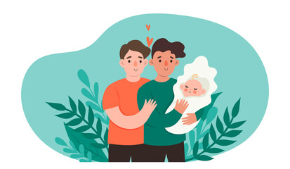Gay couple with baby isolate on white background. Vector graphics.