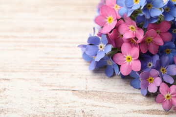 Naklejka na ściany i meble Beautiful Forget-me-not flowers on white wooden table. Space for text