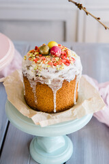 Easter cake and colorful eggs on festive Easter table