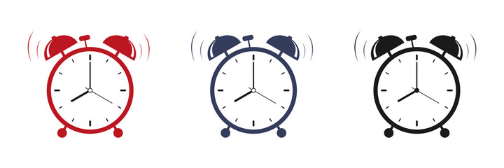 Alarm clock icons set. Black, red, blue alarm clock. Vector illustration