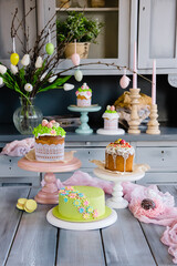 Easter table setting. Easter cakes, cake, eggs. Spring composition.