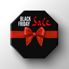 Black friday sale gift octagonal box with red bow. Package with ribbon. Vector illustration.