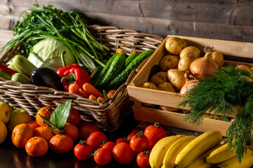 Vegetable farmer market counter: colorful various fresh organic healthy vegetables at grocery store. Healthy natural food concept