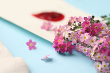 Beautiful Forget-me-not flowers and envelope on light blue background, closeup