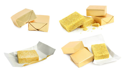 Set with bouillon cubes on white background