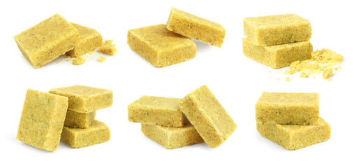 Set with bouillon cubes on white background. Banner design