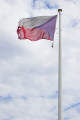 The torn Czech flag flutters in the wind.Czech flag in red, blue and white on a flagpole.