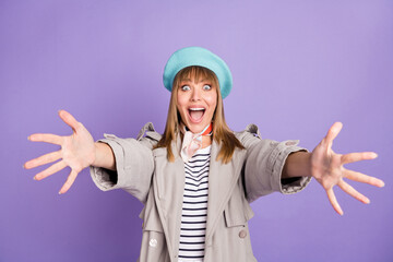 Photo of amazed lady stretch hands you open mouth wear blue beret scarf coat isolated violet color background