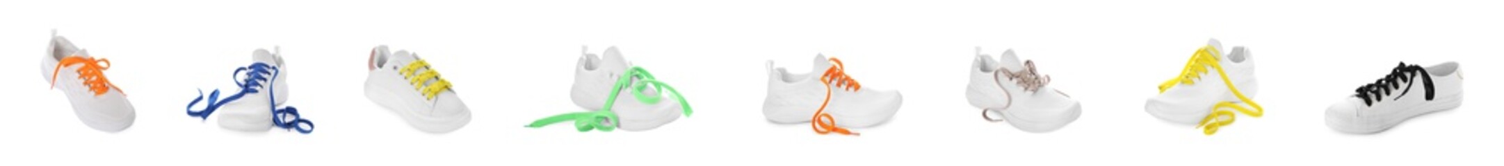 Set of different stylish shoes with laces on white background. Banner design