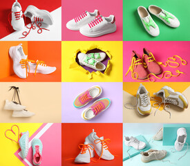 Stylish shoes with bright laces on different color backgrounds, collage