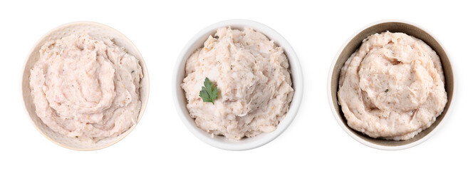 Set with delicious lard spread and sandwich on white background, top view. Banner design