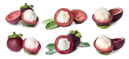 Set with delicious mangosteen fruits on white background. Banner design