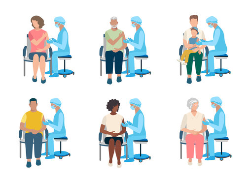 Vector Set Of A Nurse With A Syringe In Her Hand Vaccinates People Of Different Ages, Race, Gender. The Elderly, Adults And Children Will Receive The Vaccine. Stop The Epidemic. Thanks To Doctors And 