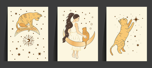 Celestial woman and cat sacred astrology boho esoteric art. Moon and star magic girl golden card set.