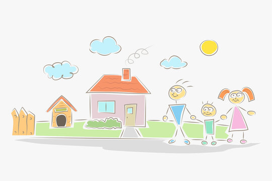 kids drawing family with house on white