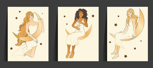 Fototapeta premium Celestial Woman. African American lady sacred, beauty card set. Astrology boho esoteric moon girl with cat golden art.