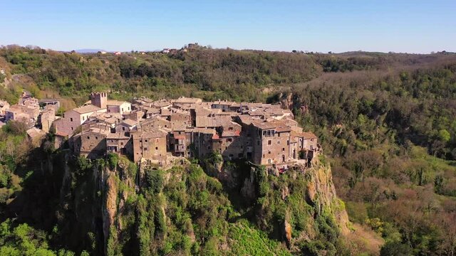 Aerial view of the village of Calcata Vecchia in the province of Viterbo
Calcata, a small village built on a tuff mountain (calanchi)
