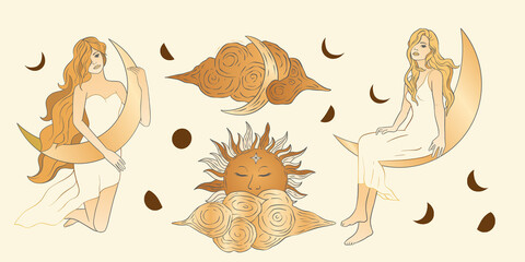 Celestial feminine blonde girl lady sacred woman astrology boho esoteric golden art. Woman with moon and star poster set. © trihubova