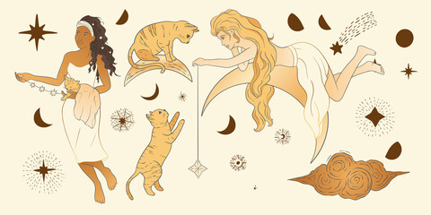 Celestial Woman. African American lady sacred, beauty. Astrology boho esoteric moon girl golden art.