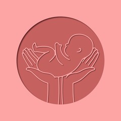 Paper cut style. Logotype with newborn and caring hands. Baby in the womb. Stylish logo for a prenatal or reproductive clinic, pregnancy brochure, surrogacy agency. Round frame, elegant line icon.