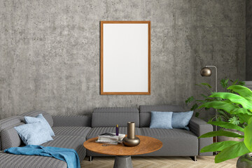 Vertical blank poster mock up on concrete wall in interior of contemporary living room.