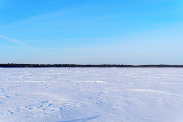 Fototapeta na wymiar Winter Lake Snowy landscape, fishing. Space for copying text