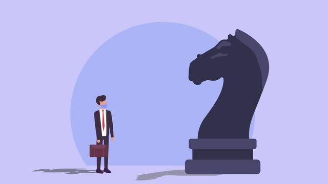 Businessman in face mask looking at a chess horse